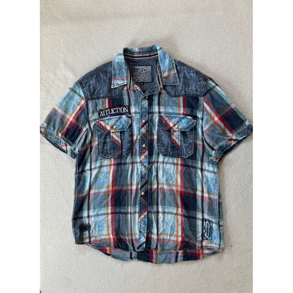Affliction Mens Extra Large Shirt Plaid Blue Acid Wash Yoke Embroidered Patches